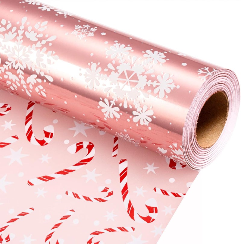Retrify Snowflake Christmas Wrapping Paper - 17 Inch x 32.8 Feet Mini Roll - Candy Cane Foil Pink Gift Wrap Paper for Holiday Shower Party Celebration - Image 1